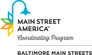Logo of street lamp with text "Main Street America" "Coordinating Program" "Baltimore Main Streets"