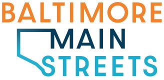Text Baltimore Main Streets with a line shaped like the City border connecting the M and S in Main Streets